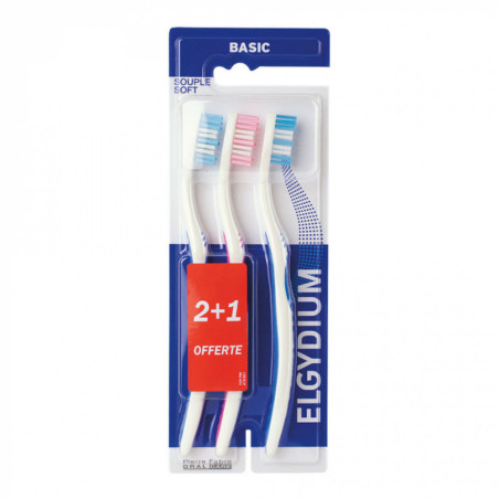 Elgydium Basic Brosse à Dents Souple Lot de 2 + 1 Offerte