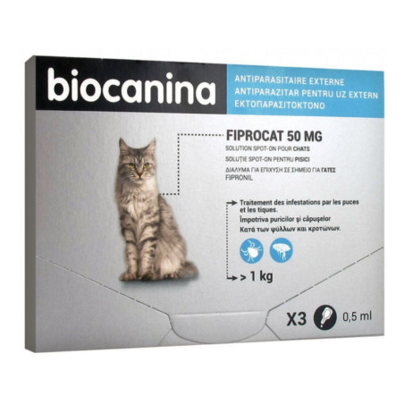 Biocanina Fiprocat 50 mg Solution Spot-On Chats 3 Pipettes de 0,5 ml